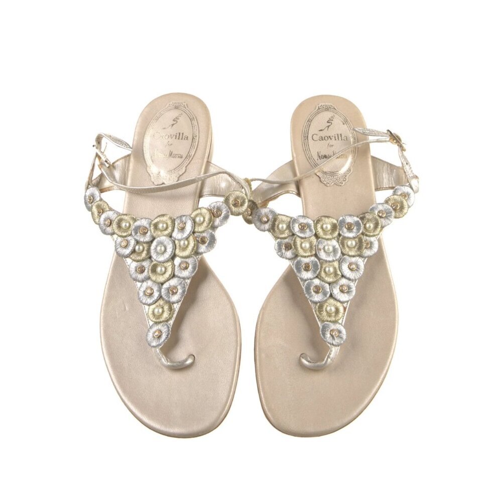 Rene Caovilla T-Strap Sandals Flats Womens 38.5 8.5 Silver Gold Leather Shoes